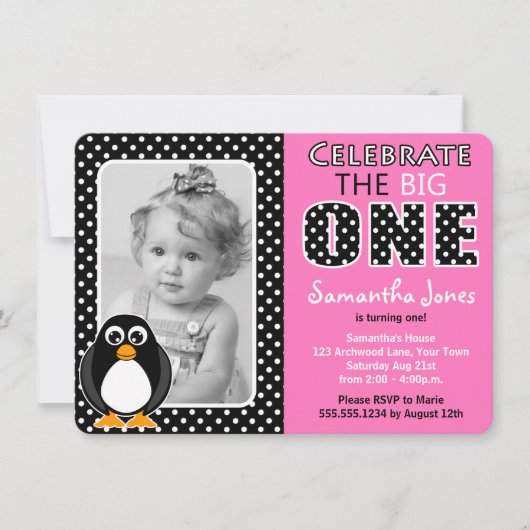 Cute Penguin First Birthday Party Pink Kaart (Voorkant)