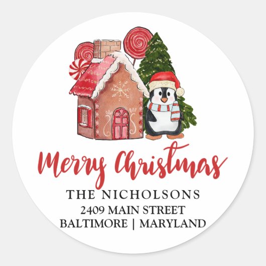 Cute Penguin Gingerbrood | Retouradreslabel Ronde Sticker (Voorkant)