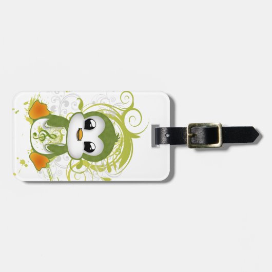 Cute penguin green fluffy effect muzieknote swirls bagagelabel (Voorkant horizontaal)
