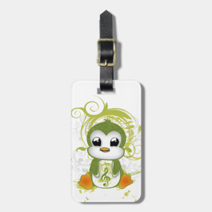 Cute penguin green fluffy effect muzieknote swirls bagagelabel