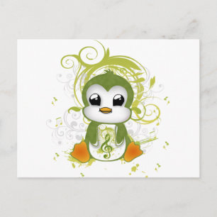 Cute penguin green fluffy effect muzieknote swirls briefkaart