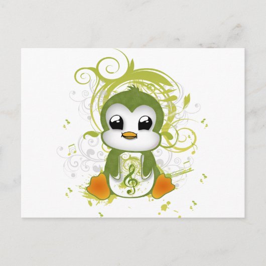 Cute penguin green fluffy effect muzieknote swirls briefkaart (Voorkant)
