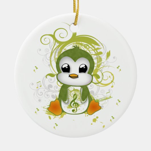 Cute penguin green fluffy effect muzieknote swirls keramisch ornament (Voorkant)