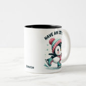 Cute Penguin “Have an Ice Day” Personalized Christ Tweekleurige Koffiemok (Voorkant rechts)