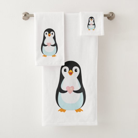 Cute Penguin Holding een hart op wit Bad Handdoek (Insitu)
