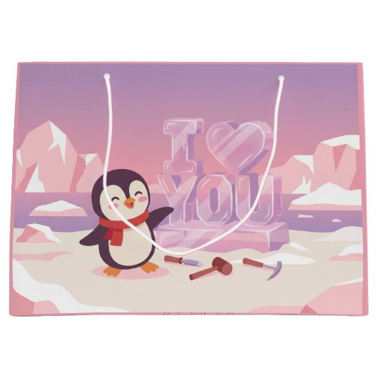 Cute Penguin I Love You Valentine Gift Bag Groot Cadeauzakje (Voorkant)