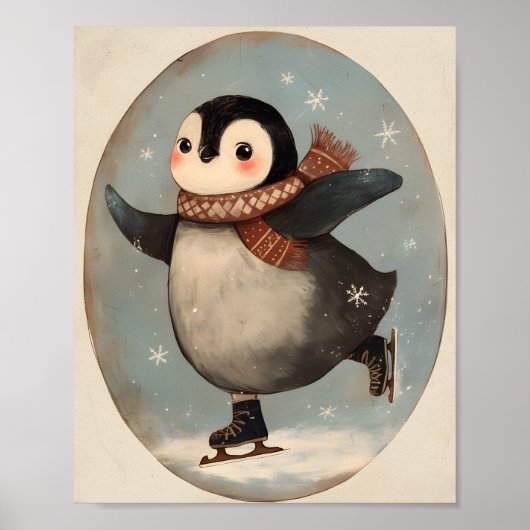Cute Penguin Ice Skating | Nursery wall Art Poster (Voorkant)