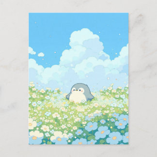 Cute Penguin in Blue and White Meadow Briefkaart