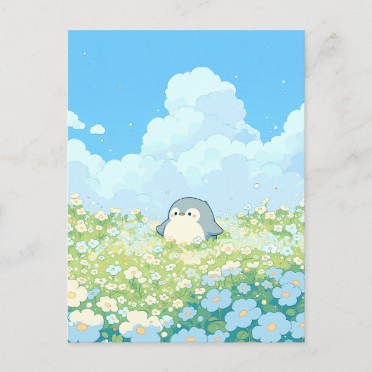 Cute Penguin in Blue and White Meadow Briefkaart (Voorkant)