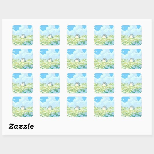 Cute Penguin in Blue Spring Meadow Vierkante Sticker (Vel)