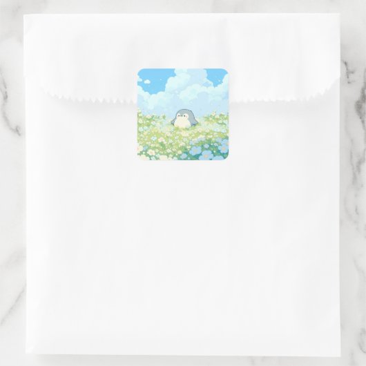 Cute Penguin in Blue Spring Meadow Vierkante Sticker (Tas)