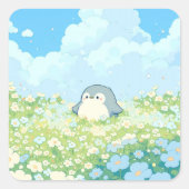 Cute Penguin in Blue Spring Meadow Vierkante Sticker (Voorkant)