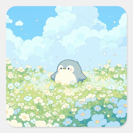 Cute Penguin in Blue Spring Meadow Vierkante Sticker (Voorkant)