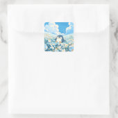 Cute Penguin in Blue Wildflower Field Vierkante Sticker (Tas)
