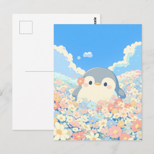 Cute Penguin in Colorful Spring Meadow Briefkaart (Voorkant / Achterkant)