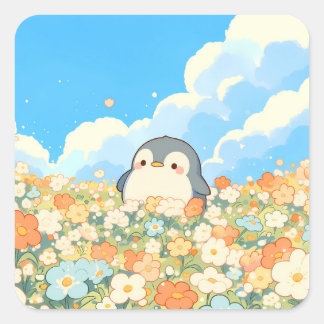 Cute Penguin in Colorful Wildflower Meadow Vierkante Sticker
