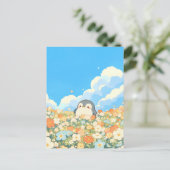 Cute Penguin in Orange Flower Meadow Briefkaart (Staand voorkant)
