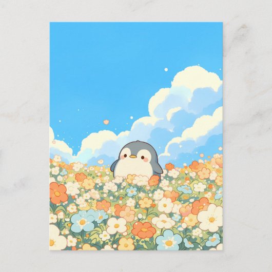 Cute Penguin in Orange Flower Meadow Briefkaart (Voorkant)