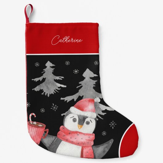 Cute Penguin in Santa Claus Pet Red en Black Kleine Kerstsok (Voorkant)