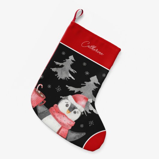 Cute Penguin in Santa Claus Pet Red en Black Kleine Kerstsok (Voorkant (Hangend))