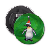 Cute Penguin in Santa Hat over Green Button Flesopener (Voorkant)