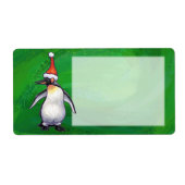 Cute Penguin in Santa Hat over Green Etiket (Voorkant)