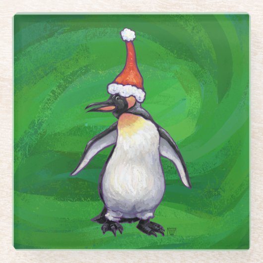 Cute Penguin in Santa Hat over Green Glazen Onderzetter (Voorkant)