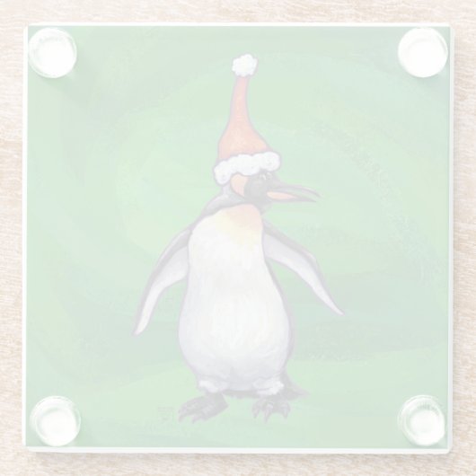 Cute Penguin in Santa Hat over Green Glazen Onderzetter (Achterkant)