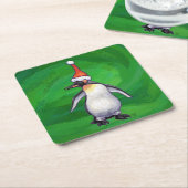 Cute Penguin in Santa Hat over Green Kartonnen Onderzetters (Schuin)