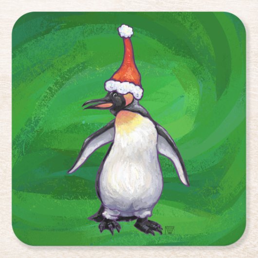 Cute Penguin in Santa Hat over Green Kartonnen Onderzetters (Voorkant)