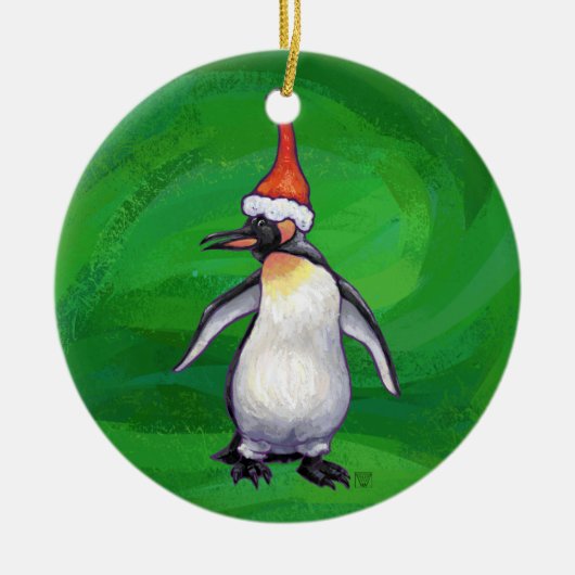 Cute Penguin in Santa Hat over Green Keramisch Ornament (Voorkant)