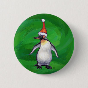 Cute Penguin in Santa Hat over Green Ronde Button 5,7 Cm