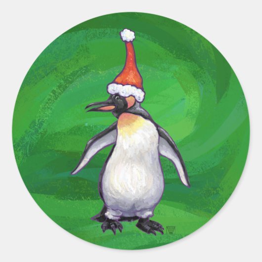 Cute Penguin in Santa Hat over Green Ronde Sticker (Voorkant)