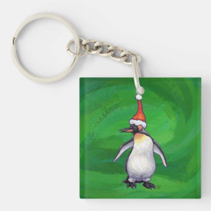 Cute Penguin in Santa Hat over Green Sleutelhanger