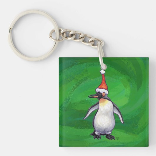 Cute Penguin in Santa Hat over Green Sleutelhanger (Voorkant)