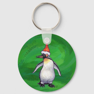Cute Penguin in Santa Hat over Green Sleutelhanger