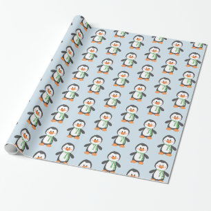 Cute Penguin in Scarf Blue en Green Gift Wrap Cadeaupapier