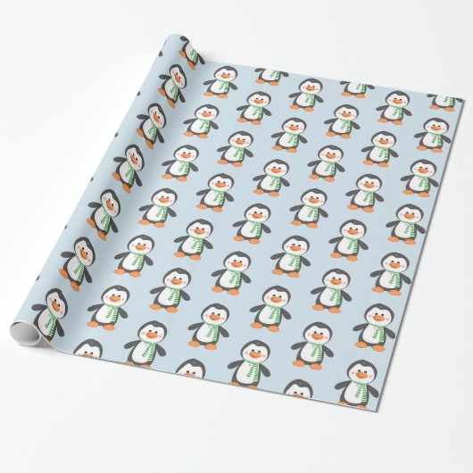 Cute Penguin in Scarf Blue en Green Gift Wrap Cadeaupapier (Uitgerold)