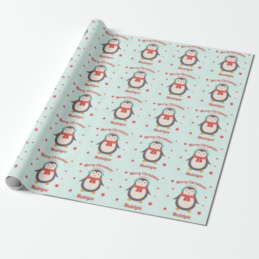 Cute Penguin Kerstmis Aqua Snow Specialized Cadeaupapier (Uitgerold)