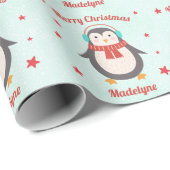 Cute Penguin Kerstmis Aqua Snow Specialized Cadeaupapier (Rol Hoek)