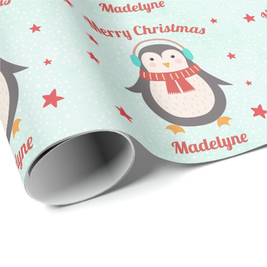 Cute Penguin Kerstmis Aqua Snow Specialized Cadeaupapier (Rol Hoek)