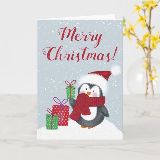 Cute Penguin Kerstmis Kaart (Gele Bloem)