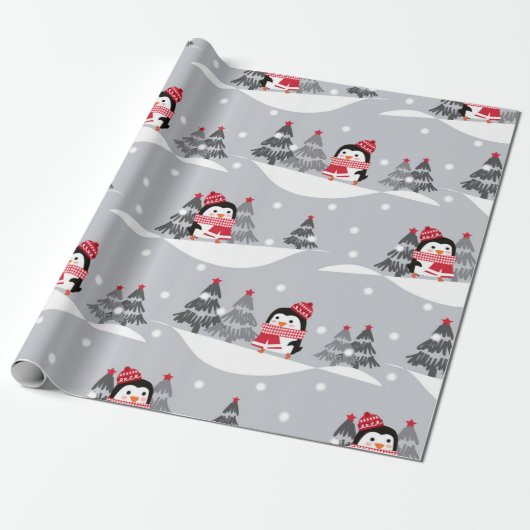 Cute Penguin-kerstpatroon Cadeaupapier (Uitgerold)