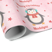 Cute Penguin Kerstroze sneeuw op maat Cadeaupapier (Rol Hoek)