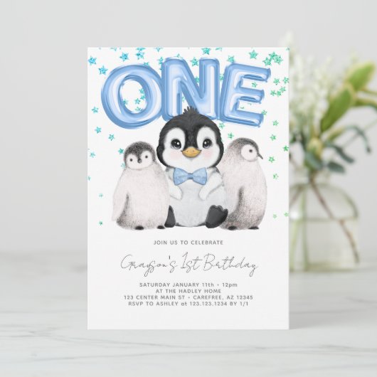 Cute Penguin Kinder Eerste Eerste Eerste Verjaarda Kaart (Staand voorkant)