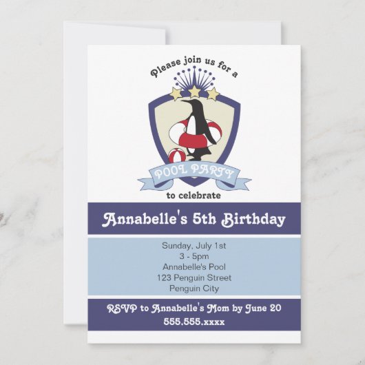 Cute Penguin Kinder Pool Birthday Party Kaart (Voorkant)