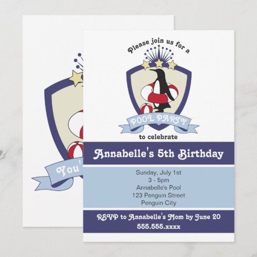 Cute Penguin Kinder Pool Birthday Party Kaart (Voorkant / Achterkant)