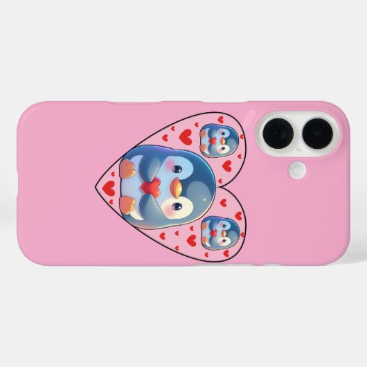 Cute Penguin Love Heart iPhone 16 Case (Achterkant (horizontaal))