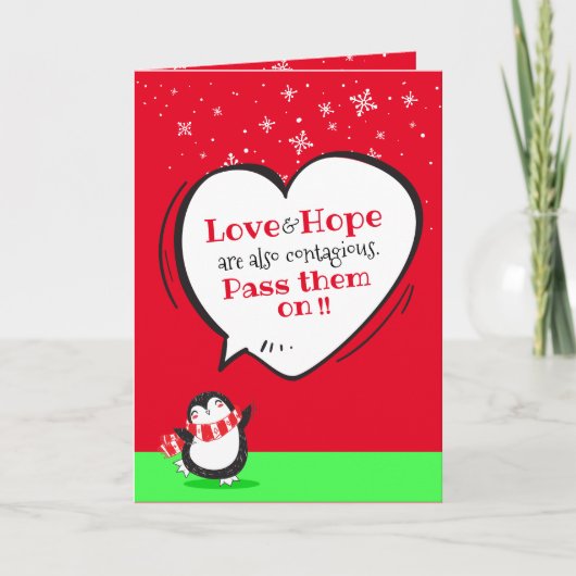 Cute Penguin Love & Hope Quote on RED Feestdagen Kaart (Voorkant)