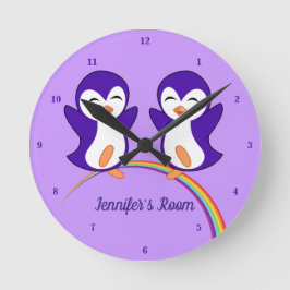 Cute Penguin Lover Paars - Gepersonaliseerde Kinde Ronde Klok